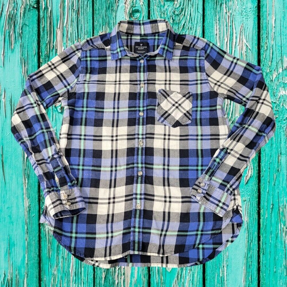 American Eagle Boyfriend Fit Blue Plaid Flannel Button‎ Down Shirt Women’s XS
